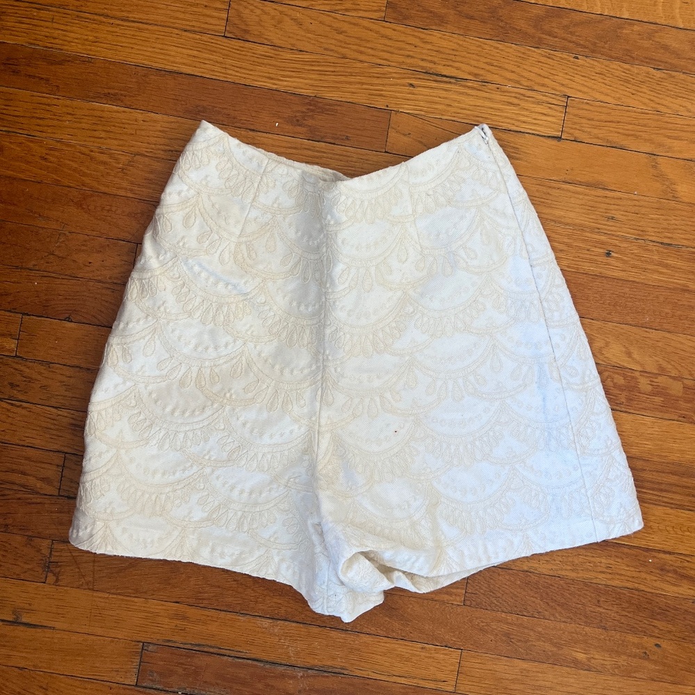 Sézane Cream Embroidered High-Waist Shorts